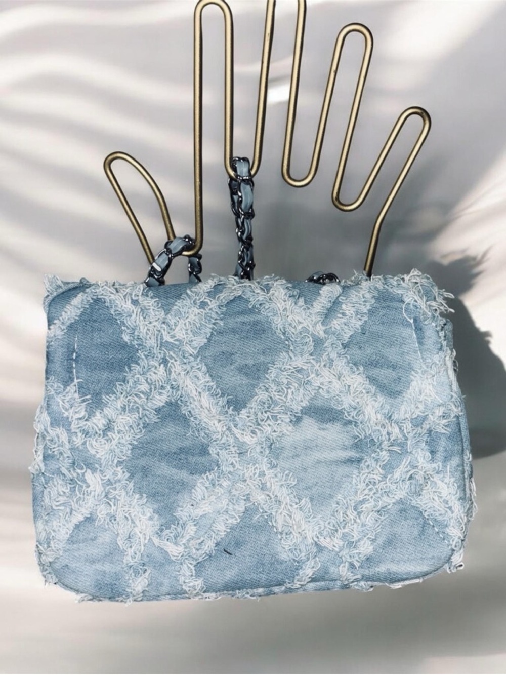 Frayed Light Blue Denim Crossbody Bag with Turn-Lock - Picture 3 of 6